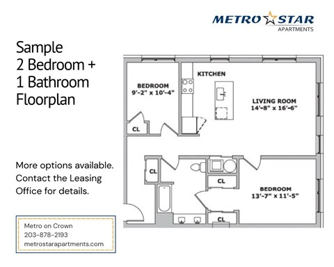 Floor plan for 2 beds, 1 bath, 952 sqft